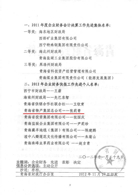 物產(chǎn)集團榮獲2011年度財務決算先進單位、2012年度財務快報工作先進個人表彰
